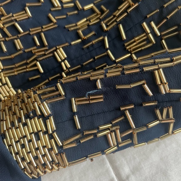 NWT Alyce Paris 60043 Gold Beaded Halter Chiffon Maxi Dress 6 Navy Prom Neutral - Picture 10 of 11